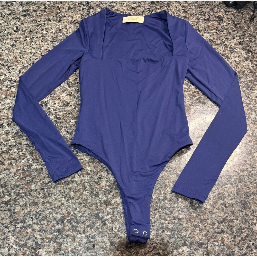 Qinsen Navy Blue Long Sleeve‎ Square Neck Thong Bodysuit Womens XS Snaps